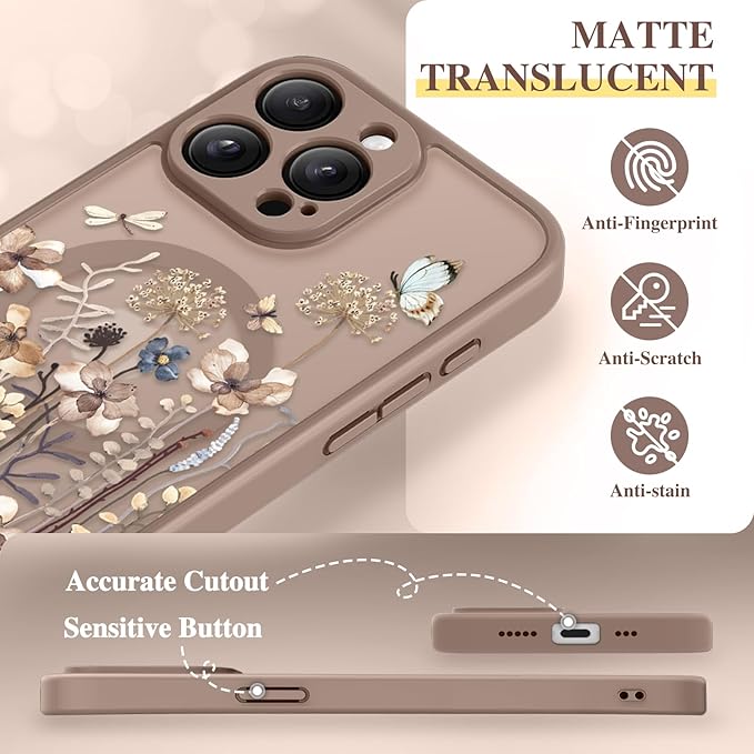 GVIEWIN for iPhone 15 Pro Case Compatible with MagSafe, [Military Grade Protection] [Screen Protector] Full Camera Protection Floral Translucent Women Magnetic Phone Case, Autumnflit/Brown
