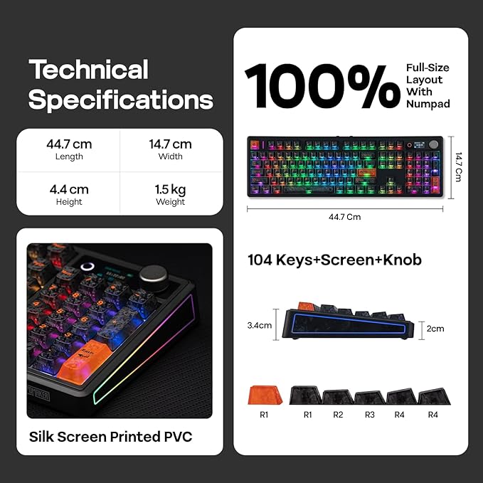 EPOMAKER TH108 V2 PRO Full Size Mechanical Keyboard with Screen&Knob, 10000mAh, BT/2.4Ghz, Mac Modifier PBT Keycap, Hot Swap, RGB, Gasket, Wireless Gaming Keyboard for Mac/PC (Black, Creamy Jade)