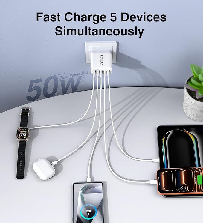 USB C Charger Block, [2-Pack] 60W 5-Port Fast Charger 20W Type C Charging Block 3.1A USB Wall Charger Dual Port PD+QC Charging Cube for iPhone 17 16 15 14 13 12 Pro Max XS, iPad, Samsung Phone, Tablet