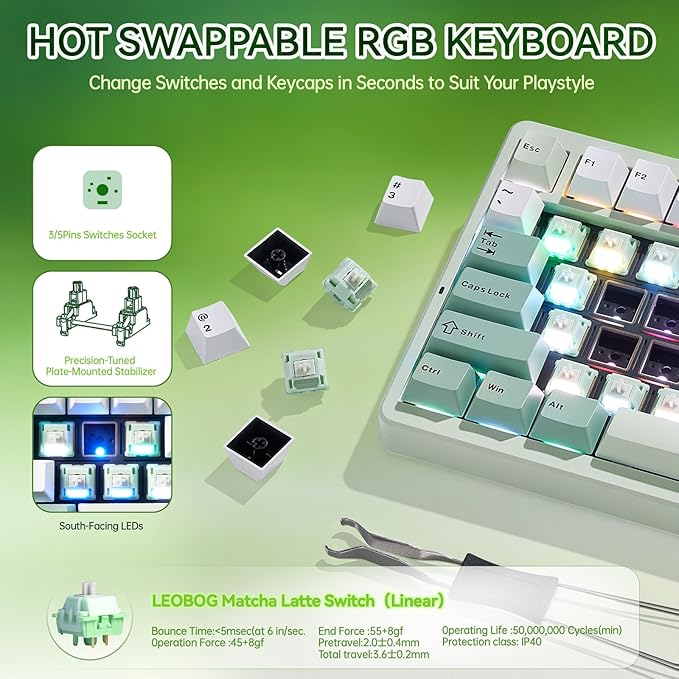 Aula Nova75 Mechanical Gaming Keyboard 8000mAh,Gasket Mounted with 75% Compact Layout,RGB Backlit,Custom Hot Swappable,Bluetooth Wireless /2.4GHz/USB-C Cream Keyboard Gaming for Win/Mac/iOS/Android