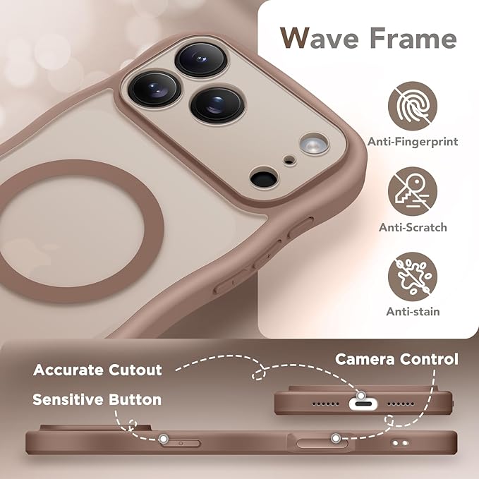 CAPRARO Magnetic for iPhone 17 Pro Case for Women Girls, Upgraded [Full Camera Protection] [Compatible with MagSafe] Cute Wave Translucent Matte Phone Case for iPhone 17 Pro, Clear Brown