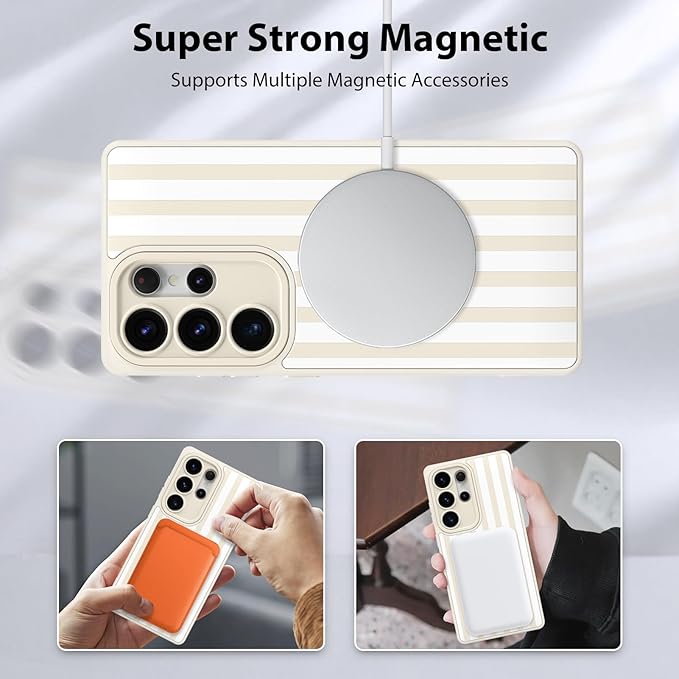 KANGHAR Compatible with Samsung Galaxy S25 Ultra Case, Support for MagSafe, Silicone Stripes Cute Pattern, Wristband Kickstand Camera Protection Soft Slim Cover for Girls Women -White