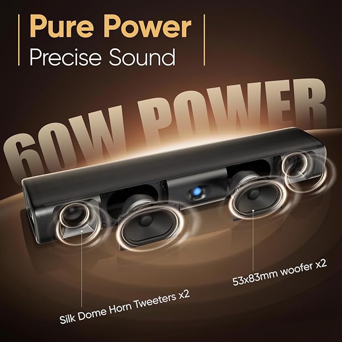 Saiyin Sound Bar for Smart TV, 60W Bluetooth 5.3 Soundbar with Dual Bass Drivers&Clear Voice, Virtual Surround Sound System with TV-ARC/Optical/AUX for TV/PC/Gaming/Projectors, 17 inch, Wall Mountable