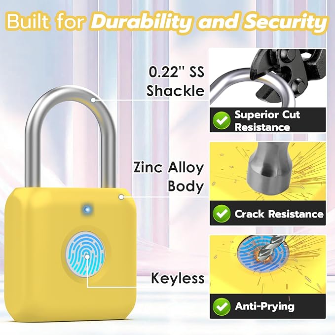 Fingerprint Padlock,Smart Padlock APP Control,Fingerprint Locker Lock,Gym Lock USB Rechargeable for Gym Locker,Locker, School,Storage Yellow