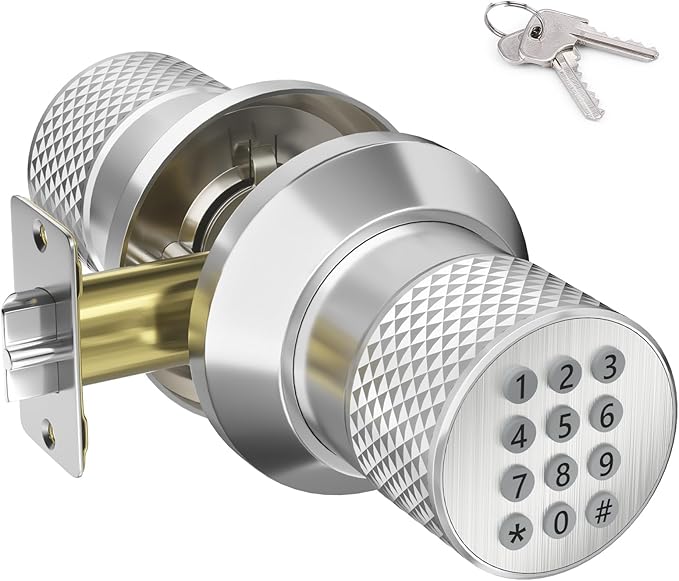 FITNATE Keypad Door Knob, Keyless Smart Lock with Back-Lit Keypad, Electronic Door Lock with Spare Keys, Easy to Install, for Home, Bedroom, Hotel and Office, Silver