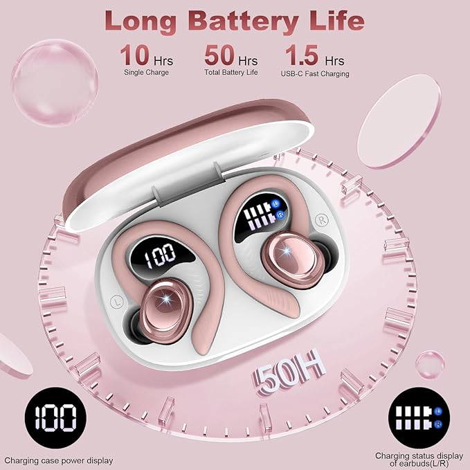 Hupoaf Wireless Earbuds Sport, New Bluetooth 5.4 Headphones with Earhooks, 50H Stereo Deep Bass Over Ear Buds with 4 ENC Noise Canceling Mics, IP7 Waterproof Earphones for Running Workout Gym -Rose