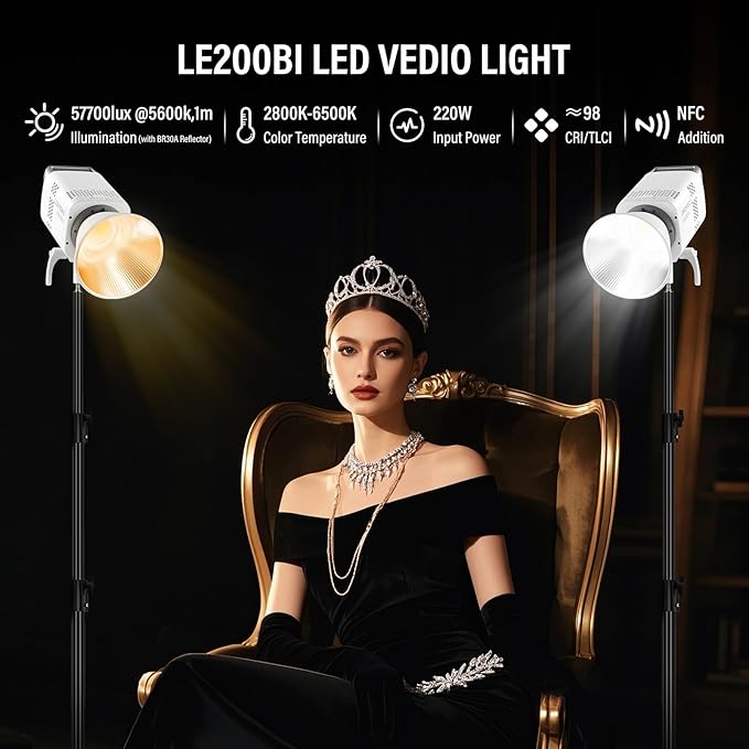 Godox Litemons LE200Bi 220W Bi Color COB LED Video Light, Professional Bowens Mount Studio Continuous Light CRI/TLCI 98+ 57700 Lux@1m APP DMX Control Ultra Quiet for Video Recording