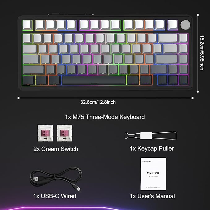 M75 Mechanical Keyboard,75% Gasket Hot Swappable,RGB Backlit,Side Printed PBT Keycaps,2.4Ghz/Bluetooth/USB-C Gaming Keyboards (White and Black)