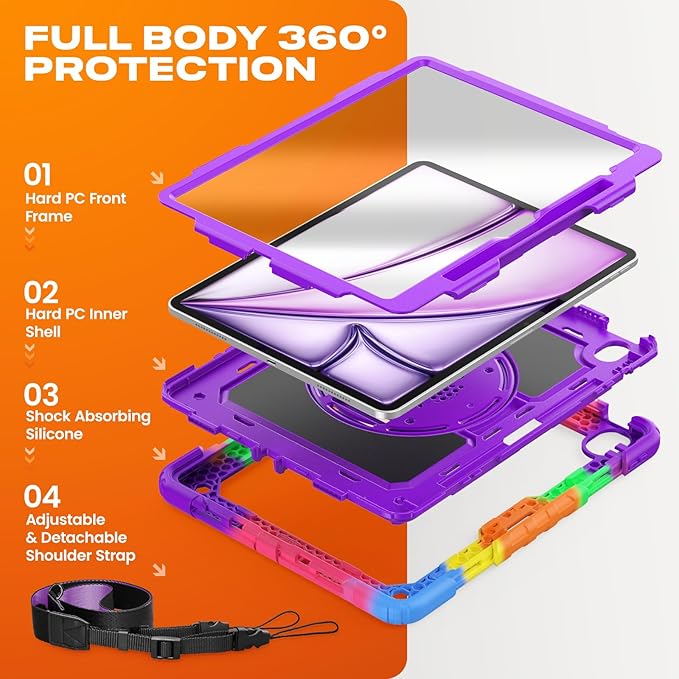 SEYMAC stock Case for iPad Air 13-inch M4-M2 2026-2024 (Gen 8-6), Shockproof Heavy Duty Case with Screen Protector, Pencil Holder, Rotating Stand, Hand Strap, Shoulder Strap, Purple