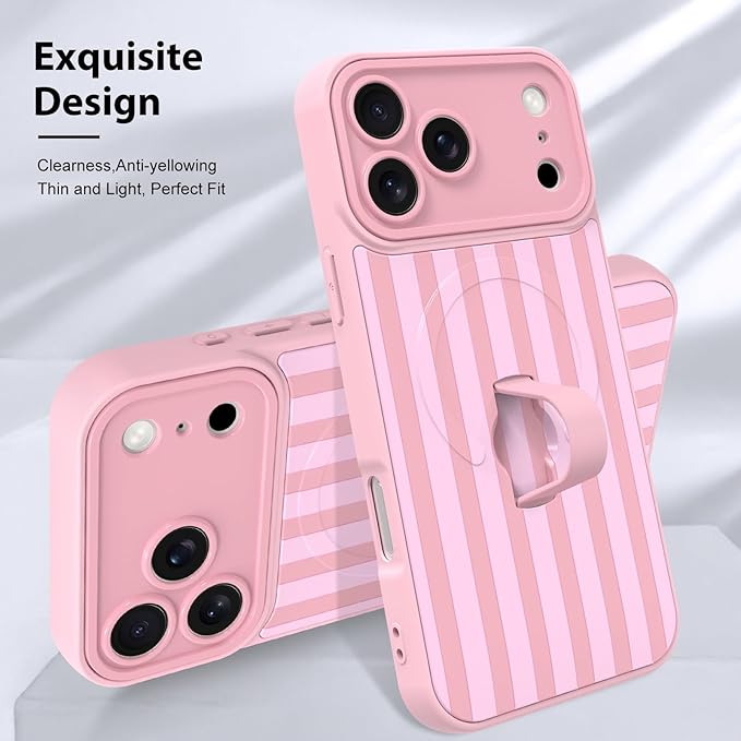 KANGHAR Compatible with iPhone 17 Pro Case, Support for MagSafe, Silicone Stripes Cute Pattern, Wristband Kickstand Camera Protection Soft Slim Cover for Girls Women -Pink