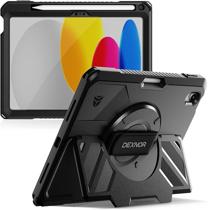 Dexnor Case for iPad (A16) 11th/10th Generation 2025/2022 (11″/10.9″),Rugged Protective Case with 360° Rotating Hand Strap& Stand & Screen Protector & Pencil Holder Shockproof Full-Body Cover, Black