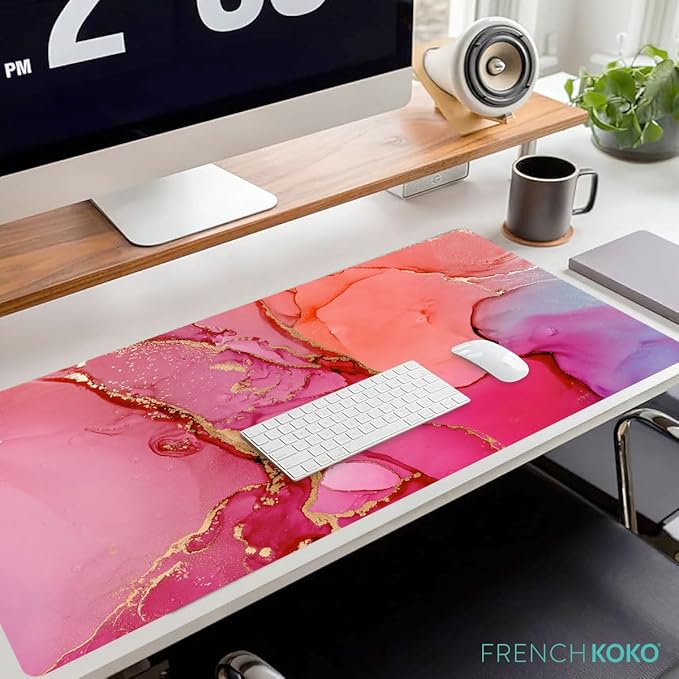 French KOKO Large Mouse Pad Desk Mat Protector Keyboard Pad Desktop Office School Decor Big Extended Laptop Computer Accessories Pretty Mousepad Women XL Cool Marble Pink Gold