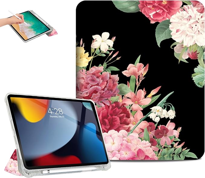 for iPad (A16) 11Th/10Th Generation Case 2025/2022,for iPad Case 11Th/10Th Generation, 10Th/11Th Gen Slim Cover Pencil Holder & 2 Viewing Angles & Typing Stand, Black Art Flower