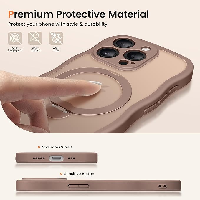 CAPRARO for iPhone 15 Pro Case with 360° Spin Magnetic Stand for Women, [Compatible with MagSafe] [Full Camera Protection] Cute Wave Translucent Matte Case for iPhone 15 Pro, Brown