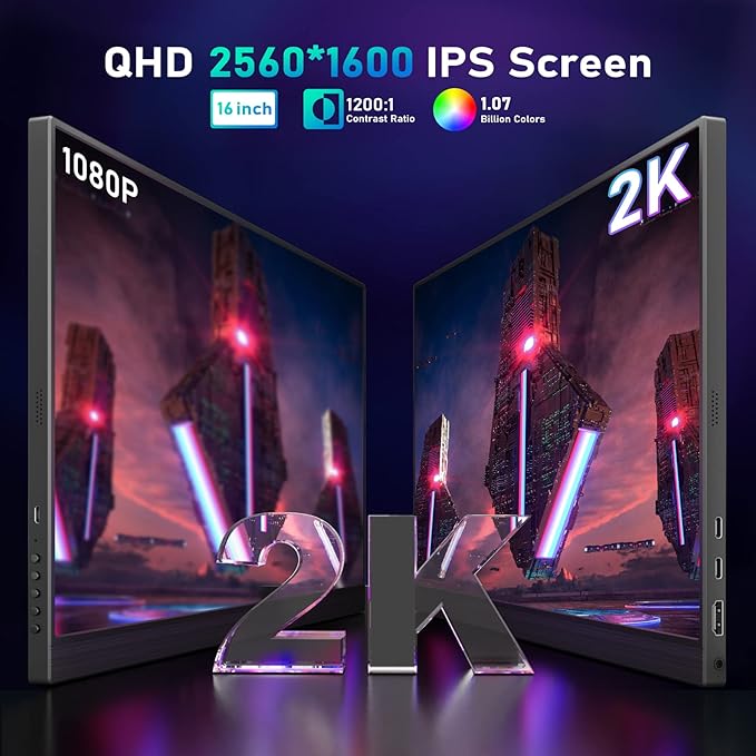 HONGO 2K 120Hz Portable Gaming Monitor, 16" 2560x1600 QHD 16:10 Portable Monitor for Laptop with VESA & Cover, HDR External Second Screen for PC Phone Switch