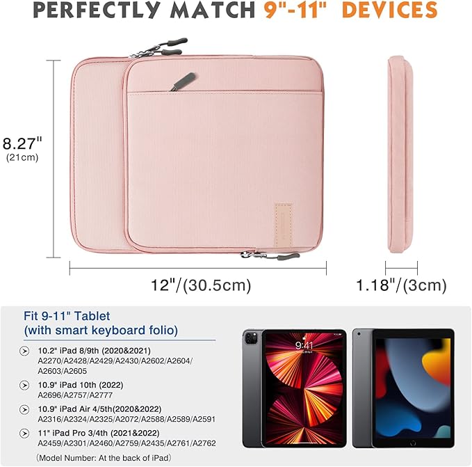 MoKo 9-11 Inch Tablet Sleeve Bag Carrying Case with Storage Pockets Fits New 11-inch iPad Air M4 2026/iPad Pro M5, iPad Pro/A16 11, iPad Air 5/4th 10.9, iPad 9/8th 10.2, Tab S8/S9 11, Pink