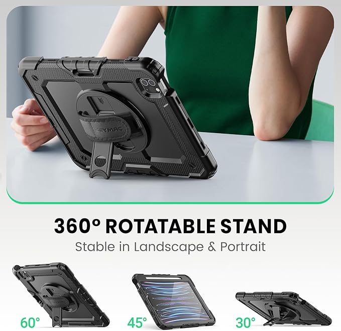 SEYMAC Case for iPad Pro 11 Case 4th/ 3rd/ 2nd/ 1st Gen (2022/2021/2020/2018), Full-Body Shockproof Protective Case with Screen Protector, 360° Rotating Stand and Hand/Shoulder Strap, Black