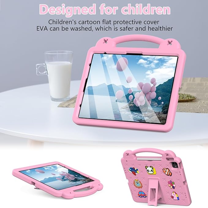 Kids Case for iPad Air 13 inch M3 2025/M2 2024,iPad Pro 13 inch M4 2024 & iPad Pro 12.9 inch Case 6th/5th/4th/3rd Gen 2022 2021 2020 2018 with Stand/Pencil Holder/Handle, Pink Bear