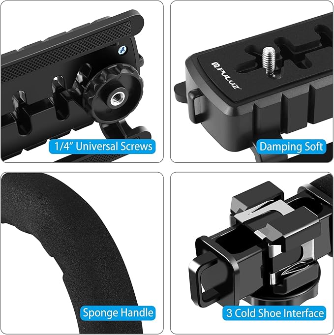 PULUZ U/C Shape Video Action Stabilizing Handle Grip Handheld Stabilizer Kit with Phone Clamp + LED Studio Light for Canon Sony Nikon Cameras and Home DV Camera Smartphones