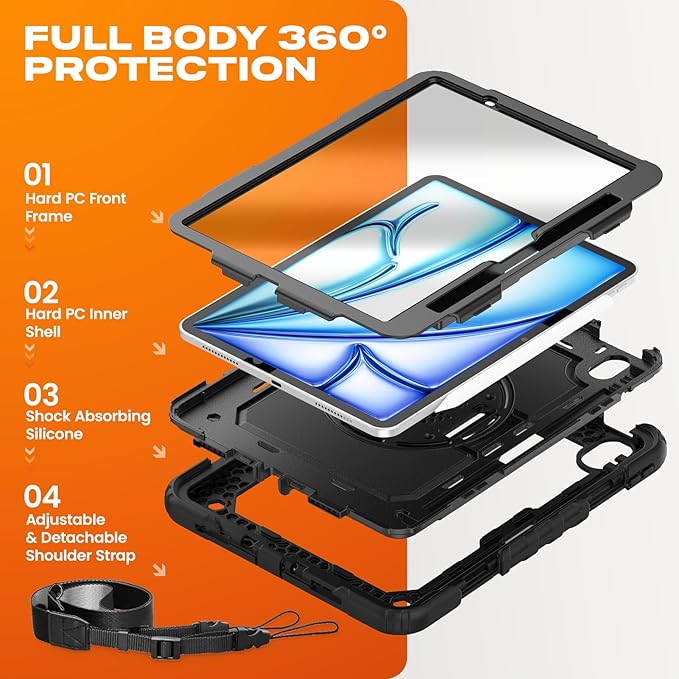 SEYMAC stock Case for iPad Air 11-inch M4-M2 2026-2024 (Gen 8-6), Shockproof Heavy Duty Case with Screen Protector, Pencil Holder, Rotating Stand, Hand Strap, Shoulder Strap, Black