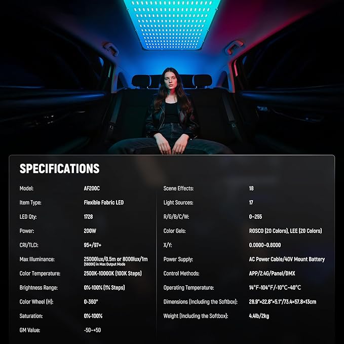 NEEWER Pro 200W Flexible LED Video Light, Studio RGB Panel Light Mat Kit with Softbox APP/2.4G/DMX Control 2500-10000K 25000lux/0.5m CRI95+, Key Lighting for Live Streaming Video Recording, AF200C