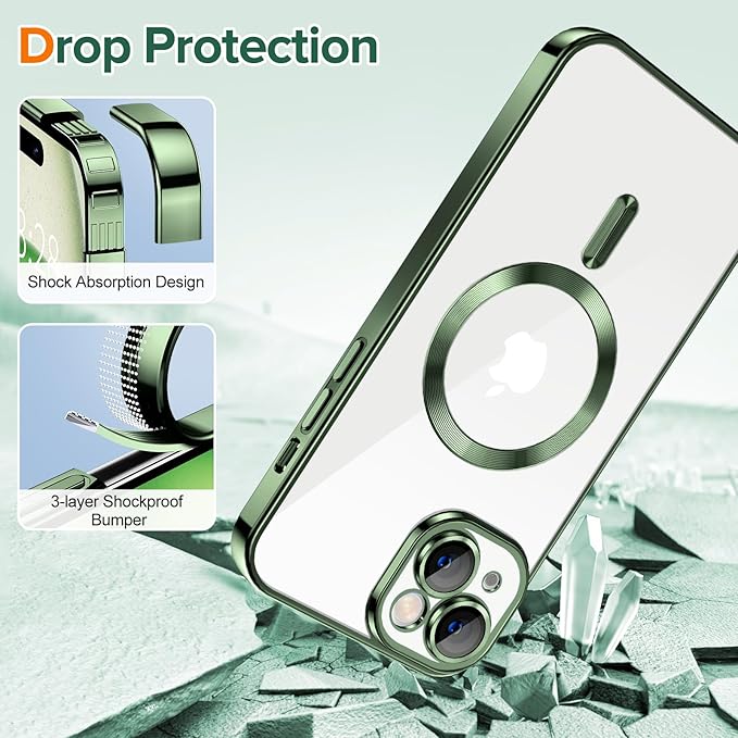 Hython Magnetic Clear for iPhone 15 Plus Case with Camera Lens Protector [Compatible with MagSafe] Luxury Plating Edge Slim Soft TPU Cover Protective Phone Case for iPhone 15 Plus 6.7", Deep Green