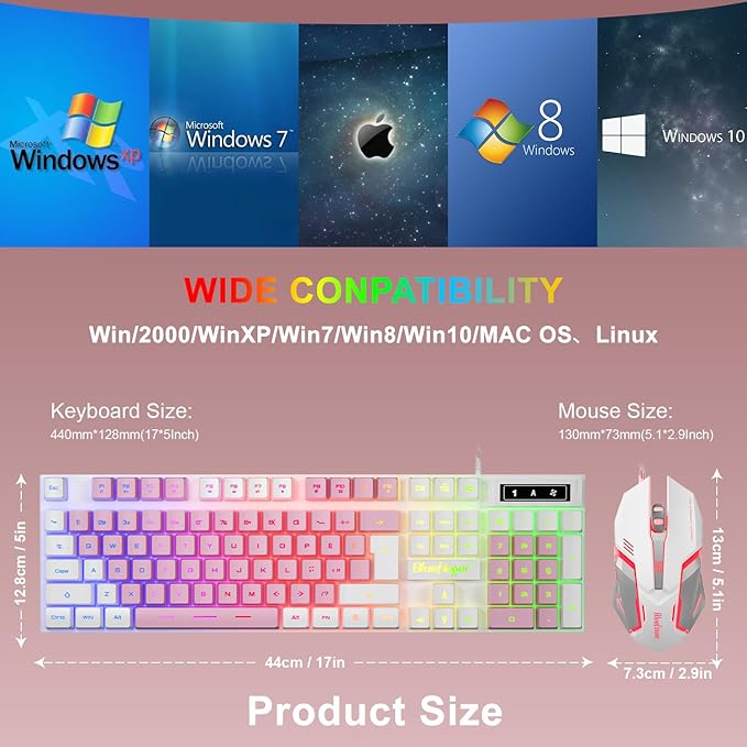 BlueFinger RGB Gaming Keyboard and Backlit Mouse Combo, USB Wired, LED Gaming Set for Laptop PC Computer Game and Work (White & Pink)