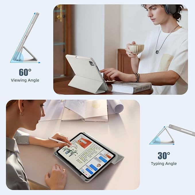 Kidopire New Compatible with iPad Pro 11 Inch Case (M4 2024/M5 2025) with Pencil Holder, Smart Cover with Protective Trifold Stand & Soft TPU Back, Auto Wake/Sleep, Support Pencil Pro, Light Gray