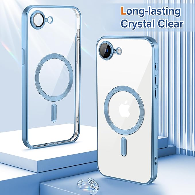 Hython Magnetic Clear for iPhone 16e Case with Camera Lens Protector [Compatible with MagSafe] Luxury Plating Edge Slim Soft TPU Cover Protective Phone Case for iPhone 16e 6.1", Matte Light Blue