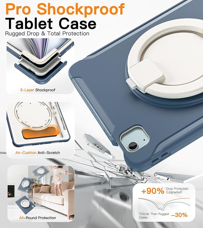 BATYUE Shockproof Case for iPad Air 11" M2/M3/M4, Air 4/5 10.9", iPad Pro 11" 1st-4th Gen 2018-2022 | 360° Multi-Angle Stand (Portrait & Landscape) & Grip, Built-in Pencil Holder, Dusty Blue