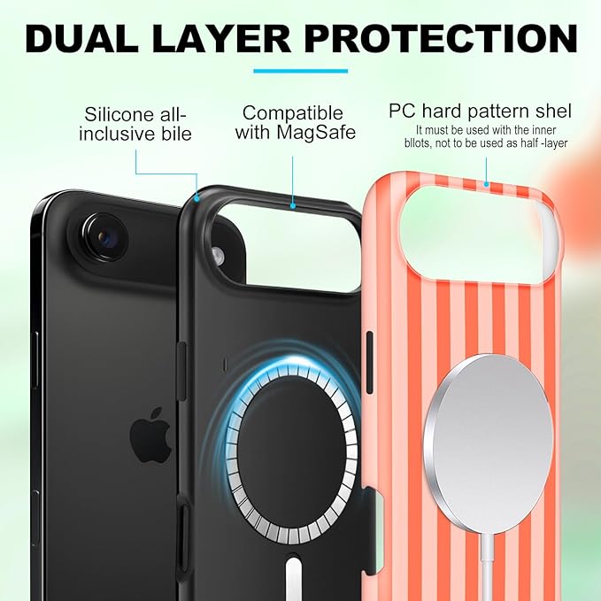 Magnetic for iPhone 17 Air Case Cute Stripes Phone Case, Shockproof Slim TPU and Hard PC Protective Phone Cover Compatible with MagSafe Designed for Women Girls, Deep Orange