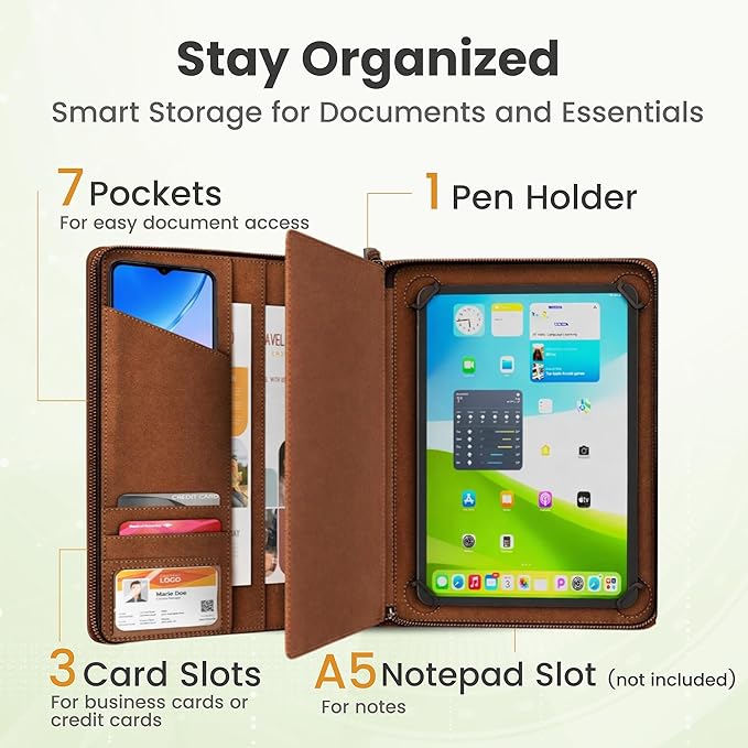 KHOMO Universal Padfolio Case – Tablet Portfolio Organizer with Notepad Holder – Compatible with iPad 10th/11th Gen, iPad Pro 11, iPad 7/8/9 (10.2", 10.9", 9.7")