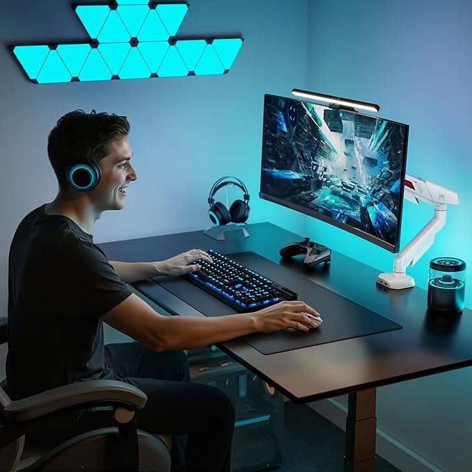 ARES WING Heavy Duty Single Monitor Arm, Fully Adjustable Single Monitor Mount for 17-40 Inch Flat Curved Ultrawide Screens Up to 26.5lbs with USB A/C, C-Clamp & Grommet Base, 75/100 Vesa Mount, White