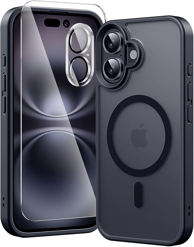 toushion 3 in 1 for iPhone 16 Plus Case Clear Matte Black | with MagSafe,Screen Protector *1 & Camera Lens Protector*1, Skin Feeling Back Cover Military-Grade Protection