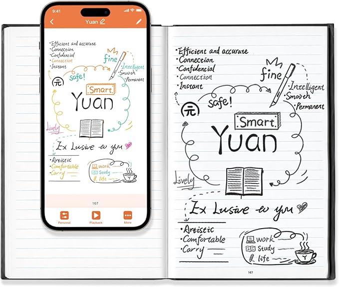 Yuan Smart Notebook, Smart Notebook with Hard Cover for Smart Pen Writing Set, Lined Pages and Elastic Closure, 5.2" X 8.27", 94sheet(187pages), Black