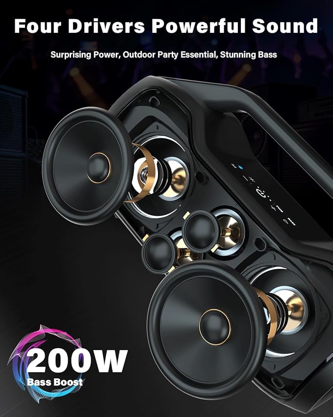 Portable Bluetooth Speaker Bass Boost, 120W Peak Loud Powerful Speakers Wireless w/2*Bass and 2*tweeters, 20H Playtime,IPX6 Waterproof, BT5.4, Suitable for Party, Beach, Camping,Outdoor,Large Jobsite,