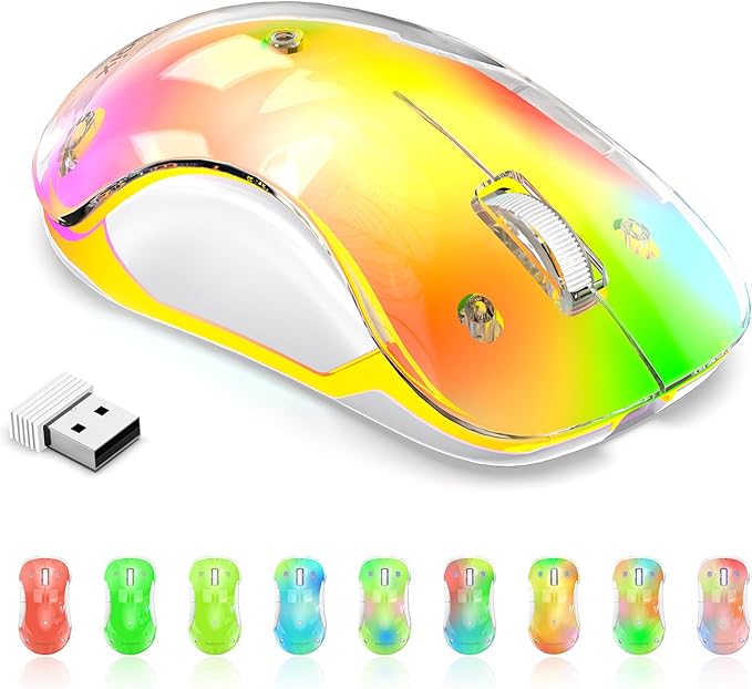 memzuoix 2.4G Wireless Mouse with Customizable Cover & 9-Color LED - Rechargeable Ergonomic, 1400 DPI, 5 Buttons, USB Receiver for PC/Mac - Yellow