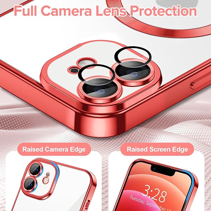 Hython Magnetic Clear for iPhone 12 Case with Camera Lens Protector [Compatible with MagSafe] Luxury Plating Edge Slim Soft TPU Cover Protective Phone Case for iPhone 12 6.1", Red