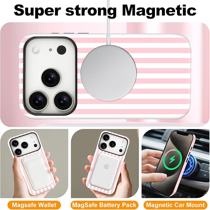 Magnetic for iPhone 17 Pro Max Case Cute Stripes Phone Case, Shockproof Slim TPU and Hard PC Protective Phone Cover Compatible with MagSafe Designed for Women Girls, Pink and White