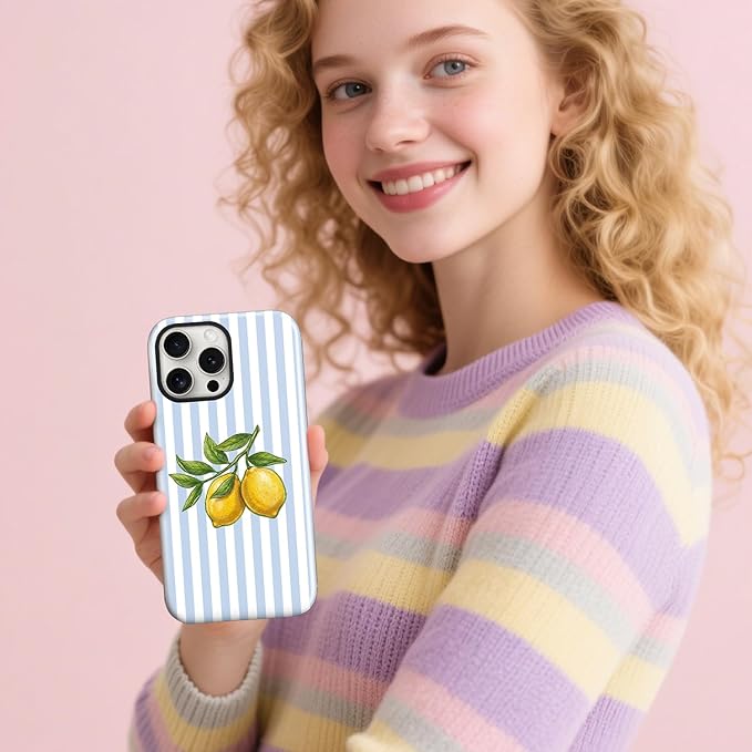 Magnetic for iPhone 15 Pro Case Cute Lemon Stripes Phone Case, Shockproof Slim TPU and Hard PC Protective Phone Cover Compatible with MagSafe Designed for Women Girls, Blue