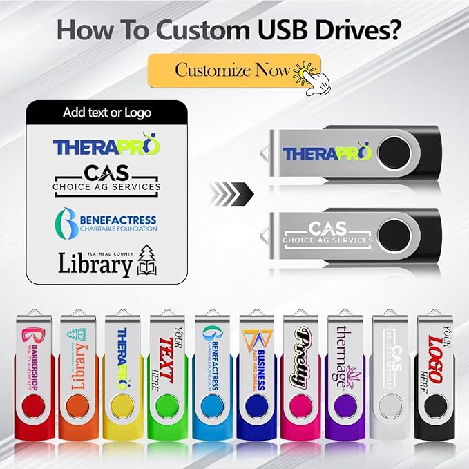 Custom USB 2.0 Personalized Flash Drive 16GB, 10Pcs High-Speed Memory Sticks with Printed Logo/Text, Bulk Promotional Thumb Drives for Company AD/Education/Wedding/Corporate Event