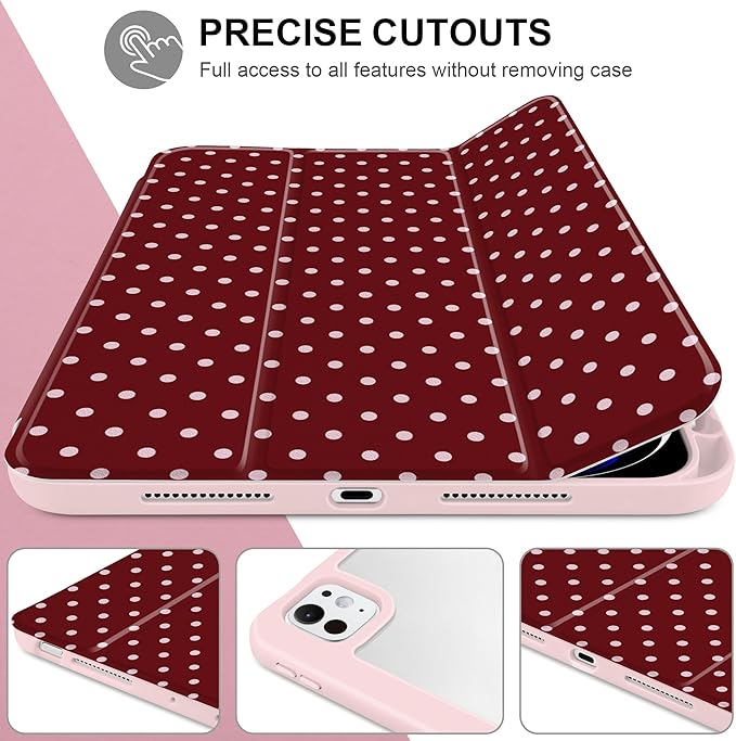 TWOLSKOO Case for iPad Pro 11-inch (M5 2025 / M4 2024), Clear Acrylic Back with TPU Bumper, Pencil Holder, Trifold Stand, Auto Sleep/Wake, Red Polka Dot