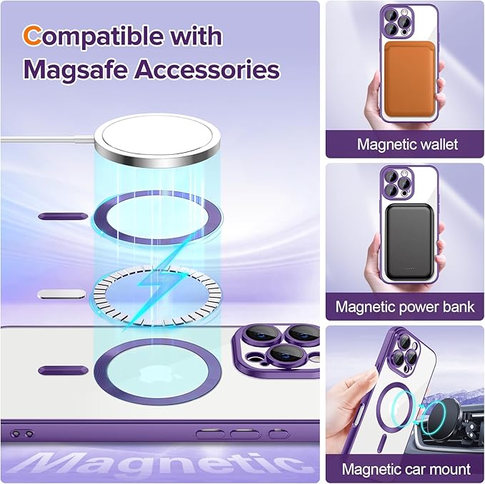 Hython Magnetic Clear for iPhone 16 Pro Case with Camera Lens Protector [Compatible with MagSafe] Luxury Plating Edge Slim Soft TPU Cover Protective Phone Case for iPhone 16 Pro 6.3", Matte Purple