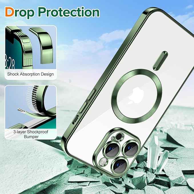 Hython Magnetic Clear for iPhone 13 Pro Max Case with Camera Lens Protector [Compatible with MagSafe] Plating Edge Slim Soft TPU Cover Protective Phone Case for iPhone 13 Pro Max 6.7", Deep Green