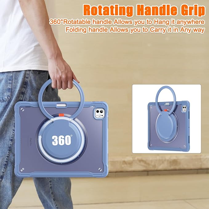 Batianda for iPad Pro 11 inch Case 2025 M5 2024 M4 Chip Dual-Layer Protective Tablet Cover, Durable Shock-Absorbing Corners with 360° Rotating Kickstand Ring Built-in Pen Slot, Lavender Grey