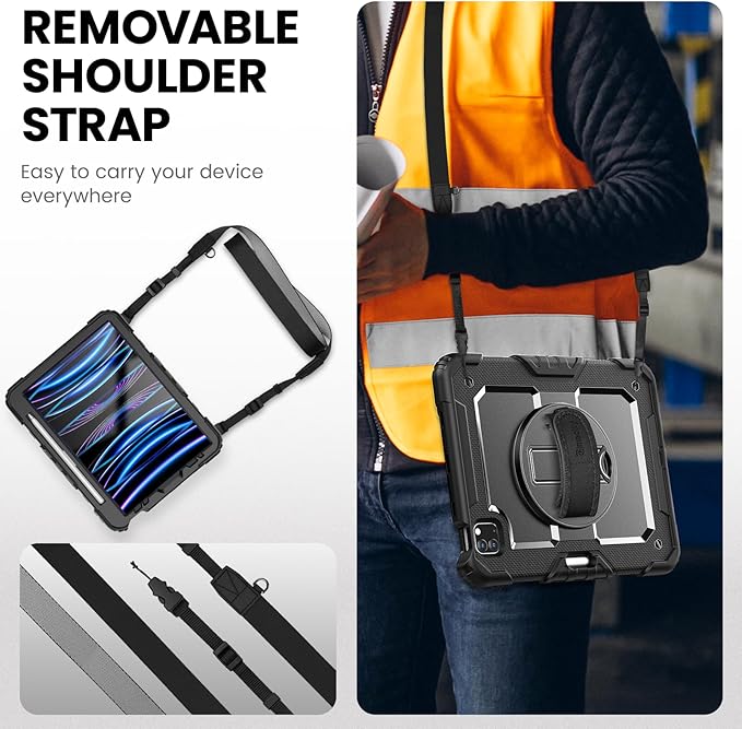 Timecity Case for iPad Pro 11 inch 1st, 2nd, 3rd, 4th Generation 2018/2020/2021/2022 (NOT for 2024), Heavy Duty Rugged Protective Case with Screen Protector,Pencil Holder,Rotating Stand&Handle-Black