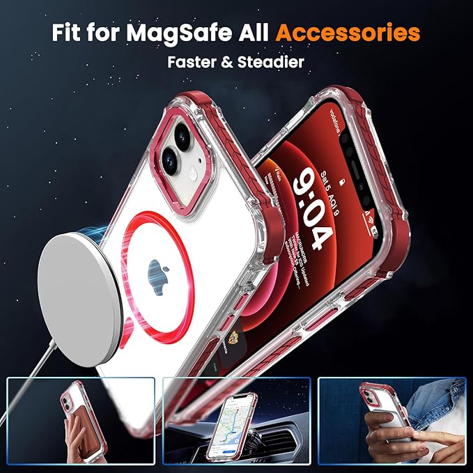 DEERLAMN Strong Magnetic Case for iPhone 12/12 Pro 6.1-Inch,[Compatible with Magsafe][Military Grade Drop Protection] Clear Slim Shockproof Protective Phone Cover-Transparent+Red