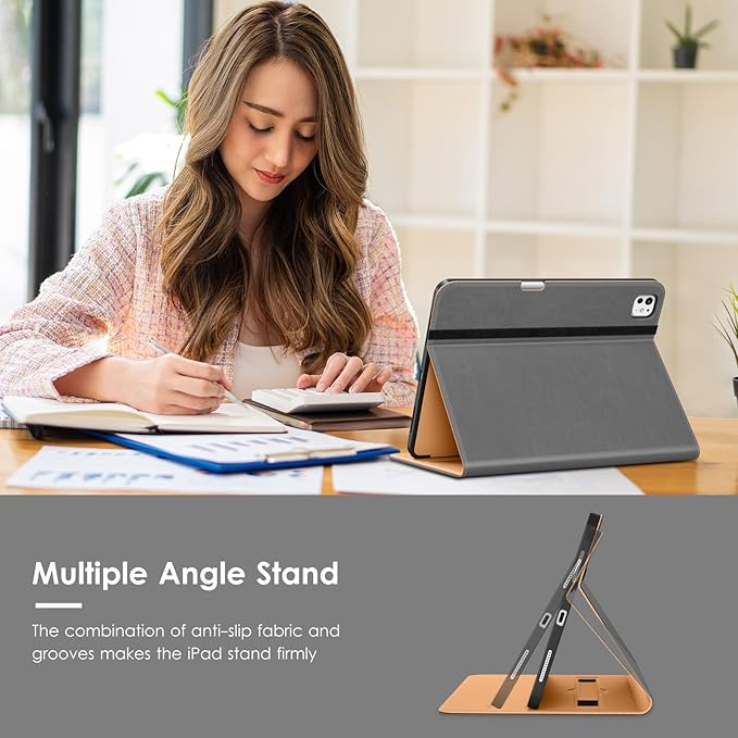VIKESI Case for iPad Pro 13-inch M5 or M4 Released in 2025 or 2024, Leather Stand Cover with Apple Pencil Holder, Auto Wake/Sleep, Multiple Viewing Angles, Built in Hand Strap & Pocket,Grey