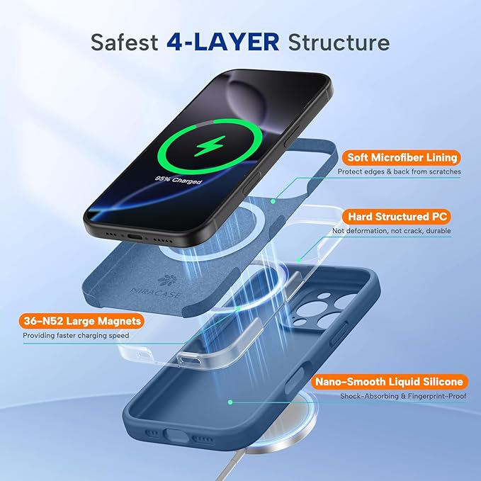 Miracase Magnetic for iPhone 16 Pro Max Case, [Soft Anti-Scratch Microfiber Lining], Compatible with MagSafe, Liquid Silicone Case Shockproof Drop Protection Phone Case for 16 ProMax,Glass Blue