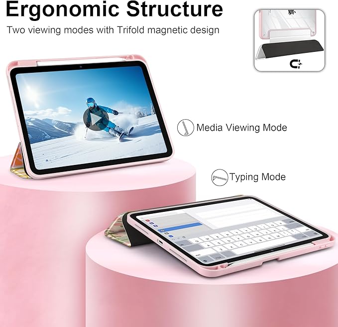 Case for iPad Pro 11 inch (M5) 2025 (M4) 2024 Release Slim Lightweight Cute Light Pink Cover with Clear Back TPU Edge Pencil Holder Trifold Stand, Flower Patchwork